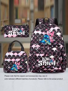 3pcs Stitch Style Nylon Backpack Set, Adjustable Shoulder Strap, Zipper Closure, Laptop Compartment, Including Handbag And Pencil Case, Lightweight Large Capacity, Washable, Suitable For Daily Commute, School, Travel - Multicolor - View 4