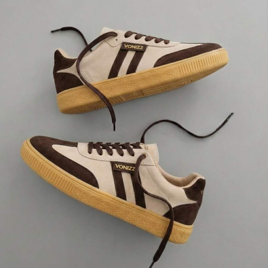 Women's Leather Sneakers Vonizz Premium Finish Retro For Everyday Style 01 Casual Lace-Up Outdoor - 米色/咖啡色 A1 - 查看 1