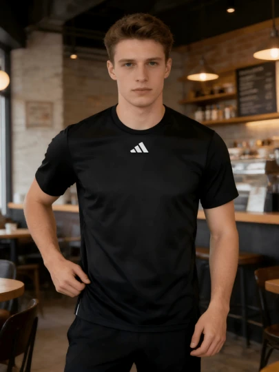 Adidas 男士宽松休闲短袖运动上衣，透气圆领健身 T 恤，适合户外运动和日常穿着，IB7915