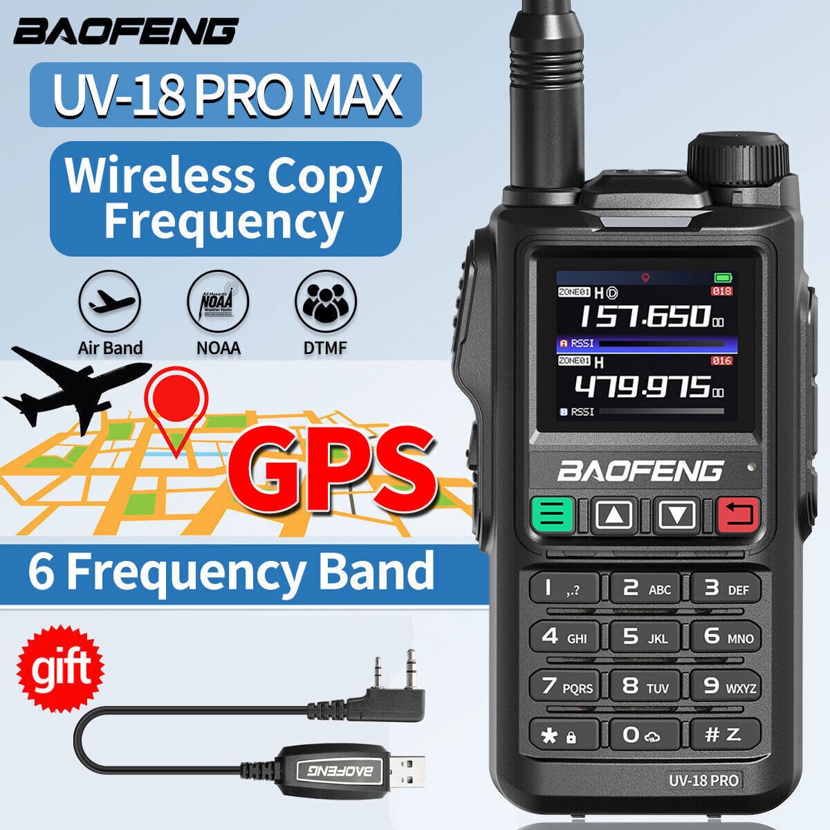 Baofeng UV-18 Pro Max Walkie Talkie con GPS y banda aérea, radio bidireccional de 6 bandas con alerta meteorológica NOAA, copia de frecuencia inalámbrica y cable de programación gratuito - Negro - Ver 1