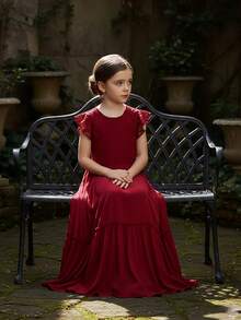 Tween Girl Solid Color Patchwork Lace Trimmed Decorative Border One Piece Dress - 酒紅色 - 查看 5