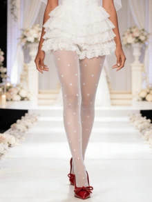 White Heart Print Leggings, Delicate & Romantic, Essential For Wedding Guests - White - View 5