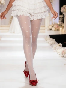 White Heart Print Leggings, Delicate & Romantic, Essential For Wedding Guests - White - View 10