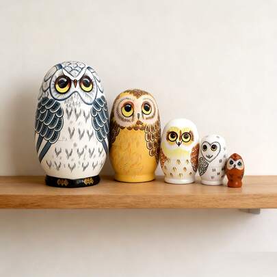 5 ręcznie robionych lalek gniazdowych w kształcie sowy, rosyjskie drewniane lalki do układania w stosy, zabawki do układania w stosy, prezent świąteczny i dekoracja do domu