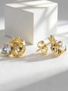 女士镀金不对称海星贝壳耳环，仿珍珠和锆石设计，简约海洋风，百搭日常佩戴，时尚礼物 - 金色 - 查看 2