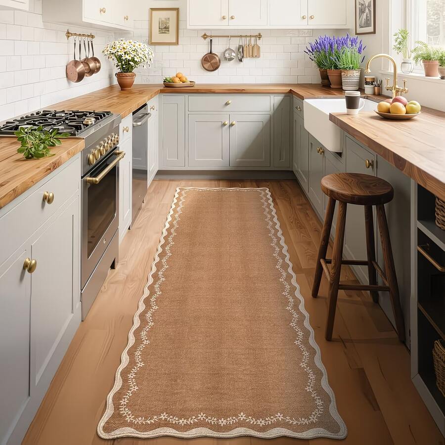 Thảm nâu gợn sóng, có thể giặt và gấp gọn, họa tiết hoa Bohemian, thích hợp cho nhà bếp, hành lang, phòng tắm, lối vào, phòng ngủ, phòng khách, phòng giặt và nhiều nơi khác, thảm trang trí nhà cửa. - màu nâu - Xem 1