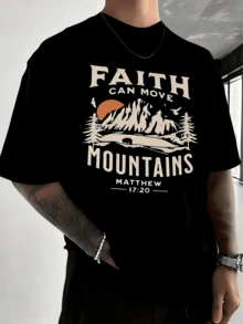 Faith Can Move Mountains T-Shirt 100% Heavyweight Cotton T-Shirt Men's Casual Cotton Short-Sleeve T-Shirt - Men's Basic Summer T-Shirt (Sizes S-XXXL) Cotton, Retro, Cotton, Cotton Shirt, Graphic T-Shirt, Romwe, Fun T-Shirt, Graphic T-Shirt, Western Style, Red Graphic T-Shirt - 黑色 - 查看 1