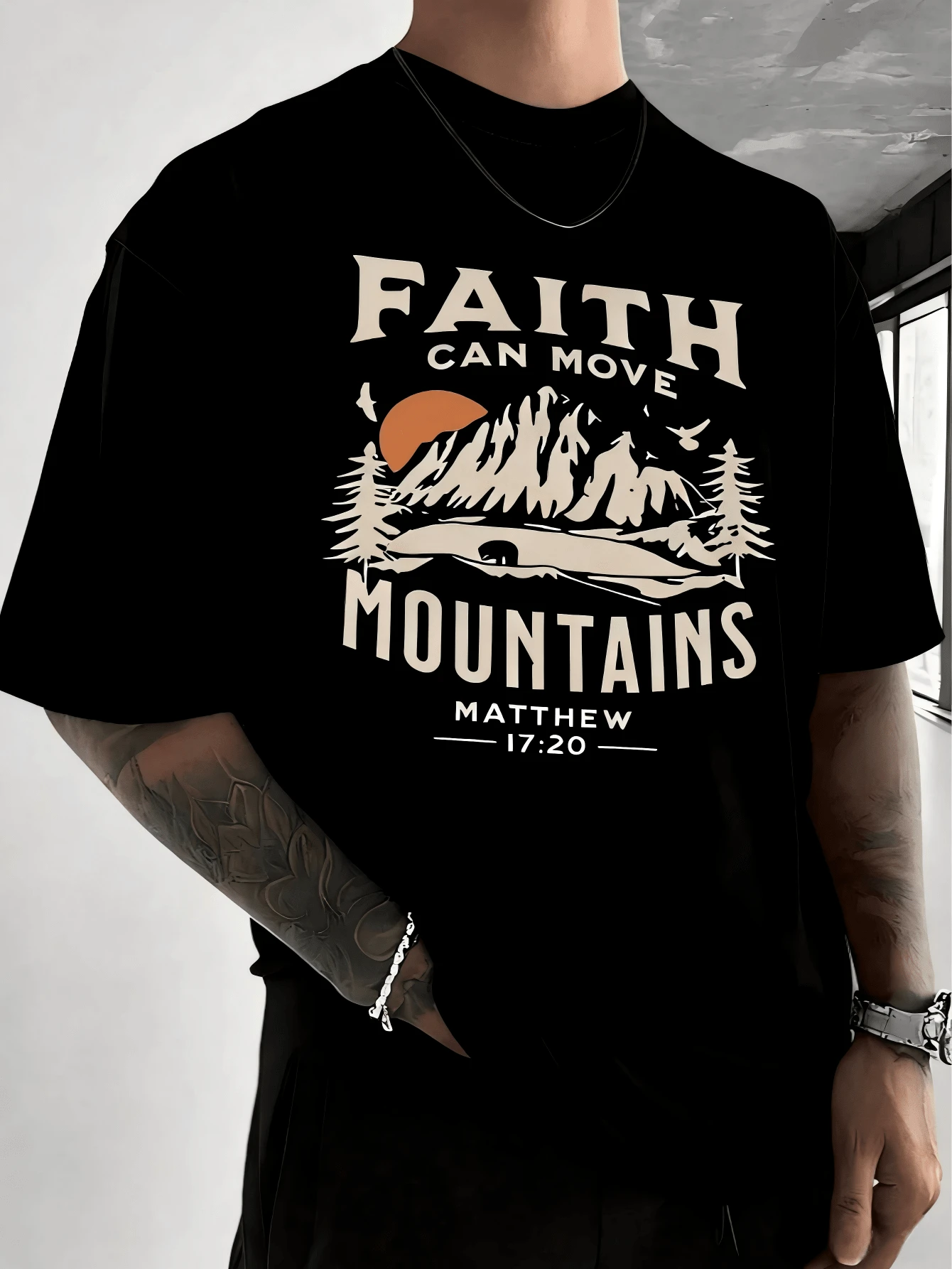 Faith Can Move Mountains T-Shirt 100% Heavyweight Cotton T-Shirt Men's Casual Cotton Short-Sleeve T-Shirt - Men's Basic Summer T-Shirt (Sizes S-XXXL) Cotton, Retro, Cotton, Cotton Shirt, Graphic T-Shirt, Romwe, Fun T-Shirt, Graphic T-Shirt, Western Style, Red Graphic T-Shirt - 黑色 - 查看 1