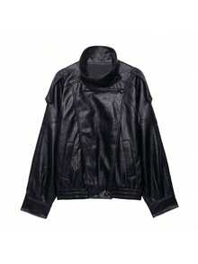 Chaqueta de cuero negra de textura de litchi, minimalista y versátil, nueva llegada de moda para mujer en otoño/primavera - Negro - Ver 10
