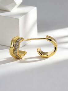 Women's Gold-Plated Wavy C-Shaped Earrings With Double-Row Zirconia Inlay & Pearl Edge Details, Minimalist Elegant Style For Daily Wear And Work, Fashionable Gift - Gold - View 3