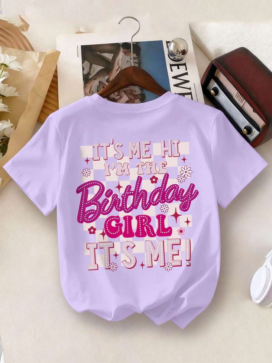 女童“生日女孩”标语印花圆领短袖T恤，休闲春夏童装 - 紫色 - 查看 1