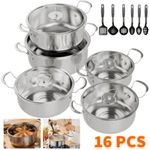 16Pcs/Set Induction Non Stick Stainless Steel Cookware Cooking Pot Pan With Lids - Silver - View 1