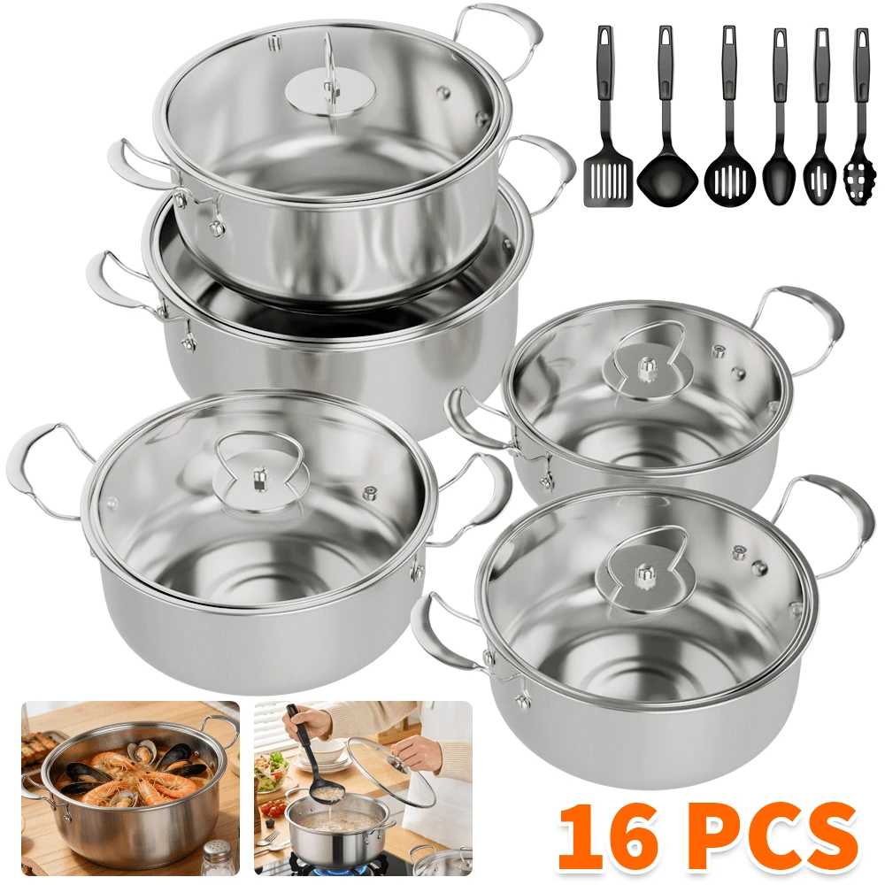 16Pcs/Set Induction Non Stick Stainless Steel Cookware Cooking Pot Pan With Lids - Silver - View 1
