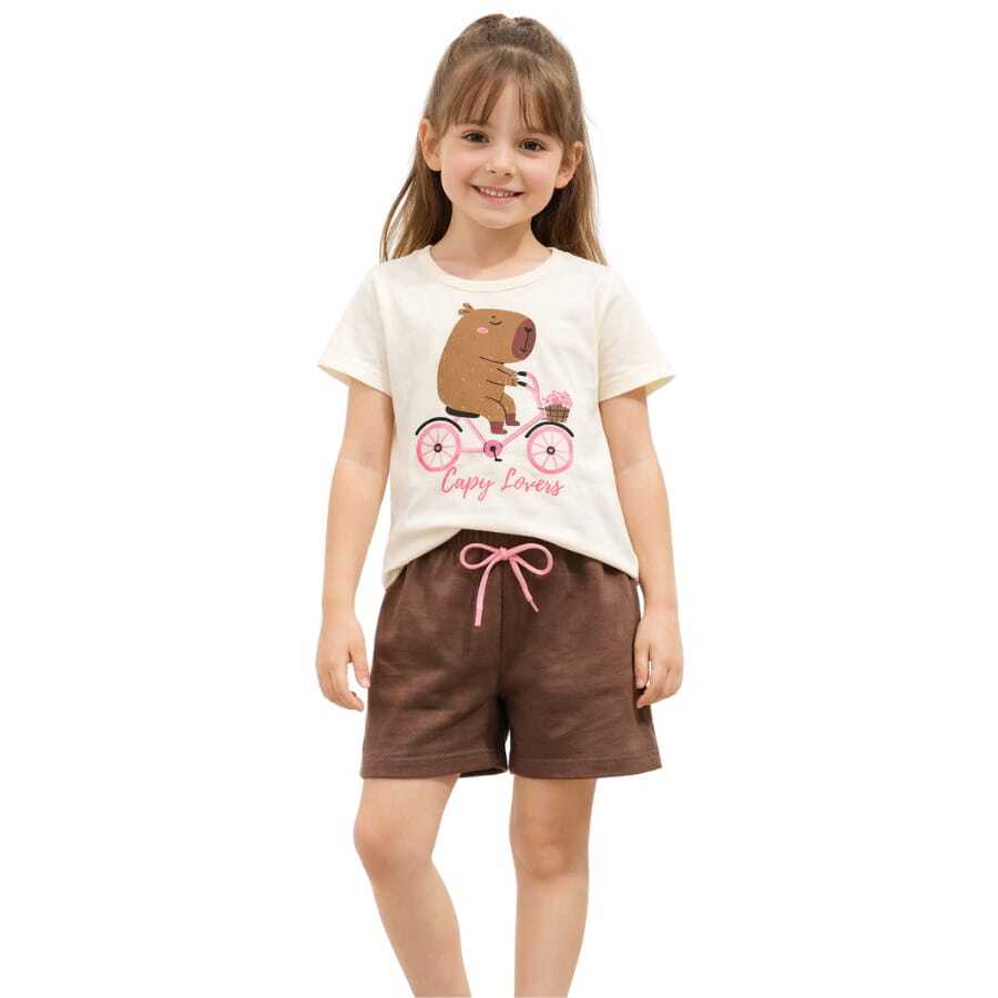 "Capy Lovers" Girl's Set – Capybara T-Shirt With Comfortable Shorts - Nhiều màu - Xem 1