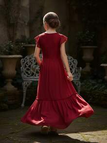 Tween Girl Solid Color Patchwork Lace Trimmed Decorative Border One Piece Dress - 酒紅色 - 查看 3