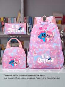 3pcs Stitch Style Nylon Backpack Set, Adjustable Shoulder Strap, Zipper Closure, Laptop Compartment, Including Handbag And Pencil Case, Lightweight Large Capacity, Washable, Suitable For Daily Commute, School, Travel - Multicolor - View 6