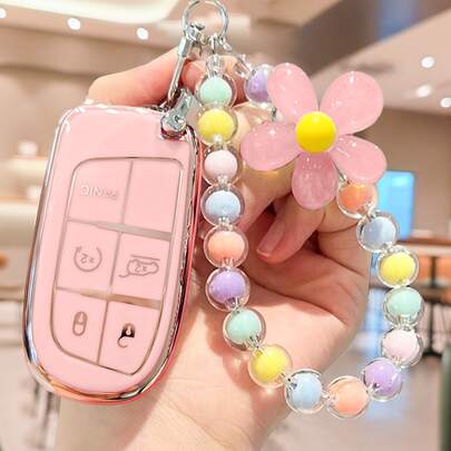 5-Button Car Key Fob Cover With Flower Beaded Keychain, Soft TPU Key Protector Case For Chrysler 200 300 Dodge RAM Challenger Traveler, Easter Gift, Valentine's Day