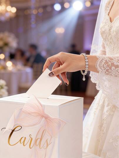 1pc An Elegant White Wedding Card Holder, A Wedding Atmosphere Box, Decorated With Gold-Stamped Lettering And A Pink Ribbon Bow-Perfect For Graduations, Birthdays, And Baby Showers; A Wedding Cash Register And Anniversary Decoration For Storing Cards And Gifts.