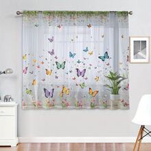 2片彩色蝴蝶花卉印花薄纱窗帘，农舍风格透明窗帘，适用于家居装饰，优雅窗帘，适用于厨房、咖啡厅、餐厅、阳台、花园、卧室 - 彩色 - 查看 5