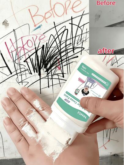 墙面自涂修补漆，滚筒墙面修补漆，墙面填料，墙面修补膏，白色修补漆，适用于墙面和天花板，可遮盖污渍、划痕、涂鸦和磨损。白色水性低气味墙面漆，配有滚筒刷。