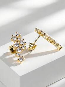 Women's Gold-Plated Asymmetric Ear Cuff Earrings, Circular Zirconia Cluster Design, Minimalist Elegant Style, Suitable For Daily Commute/Work, A Fashionable Gift - Gold - View 3
