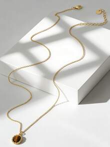 Charm-In 女士镀金虎眼石吊坠项链，复古扭曲框架设计，适合日常通勤和复古风格穿搭，复古主题礼物，送给女朋友或闺蜜 - 金色 - 查看 4