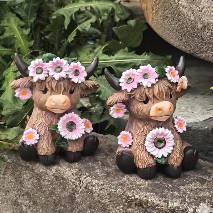 苏格兰高地牛花环雕塑，棕色苏格兰高地牛花盆雕塑，乡村风格动物牛树脂装饰品，适用于室内房间、庭院和阳台 - A - 查看 6