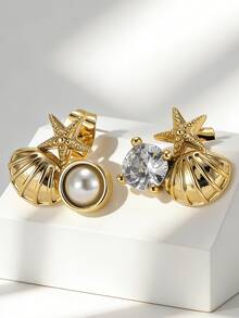 女士镀金不对称海星贝壳耳环，仿珍珠和锆石设计，简约海洋风，百搭日常佩戴，时尚礼物 - 金色 - 查看 1