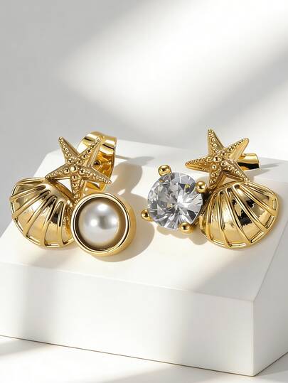 Women's Gold-Plated Asymmetric Starfish & Shell Earrings, Faux Pearl & Zirconia Design, Minimalist Oceanic Style, Versatile Daily Wear, Fashionable Gift