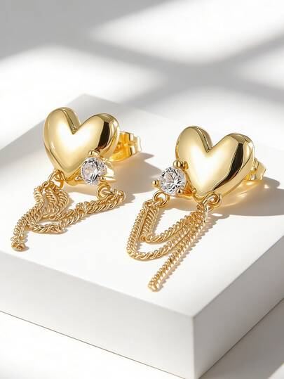 Women's Gold-Plated Heart-Shaped Earrings With Zirconia Accents + Chain Tassel Design, Minimalist Sweet Style, Suitable For Daily Commute/Work, Fashionable Gift For Trendsetters