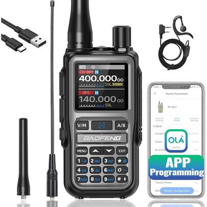 Walkie talkie inteligente Baofeng 5R Mini, programable a través de aplicación móvil, carga rápida tipo C, doble banda y doble vigilancia, compacto y portátil, adecuado para aventuras al aire libre, conducción, comunicación en hoteles