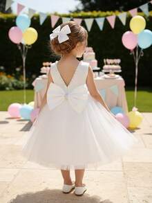 高端年轻女孩珍珠镂空后背可拆卸蝴蝶结网纱公主裙，花童婚礼派对礼服 - 白色 - 查看 2