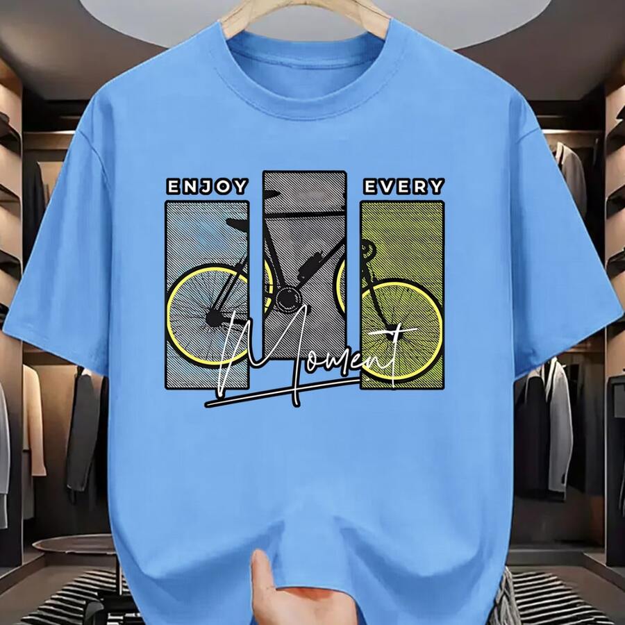 Men's Cotton T-Shirt With Printed Phrase "Enjoy Every Moment" Bicycle Hobbies Cycling Sport Frames Shirt Casual Basic Daily Streetwear Exclusive Premium Soft Comfortable - 淺藍色 - 查看 1