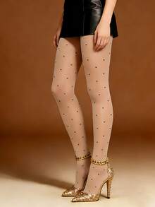 加大码黑色薄纱白色波点连裤袜 - 甜美中带一丝叛逆，复古风情，适合约会和夜间外出 - 杏色 - 查看 6