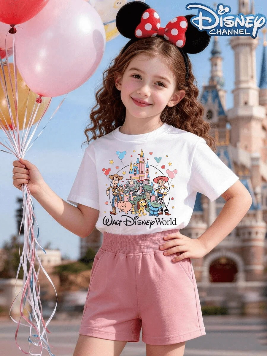 Disney Set, Toy Story Printed T-Shirt And Shorts Combination, Short Sleeved Round Neck T-Shirt, Soft Fabric, Perfect Gift For Girls, Ideal Choice For Outdoor Activities, Disneyland Cartoon Style - White + Pink - View 1