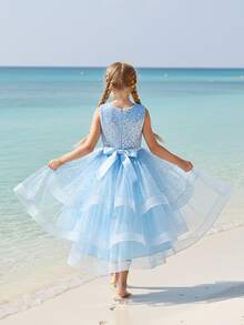 Tween 女童无袖亮片薄纱大摆尾公主裙，青少年伴娘正式派对礼服 - 藍色 - 查看 5
