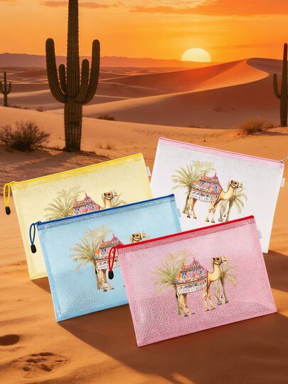 骆驼和棕榈树印花网眼拉链收纳袋 - A4尺寸透明PVC文件袋，带尼龙拉链，适用于洗漱用品、学校、办公室、旅行 - 多色文件收纳袋，沙漠波西米亚风格设计