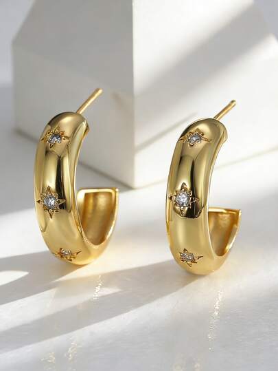 Förgyllda örhängen i tjock C-form med inbäddad zirkonia, minimalistisk och elegant stil, lämpliga för vardagsbruk, arbete och presenter till modeentusiaster.