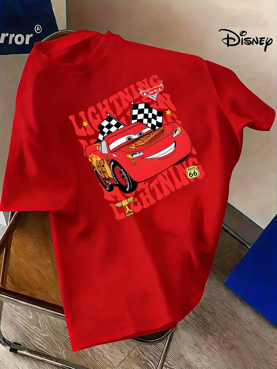 1 Disney Car Lightning McQueen Men's T-Shirt-Breathable Lightweight Fabric, Conventional Cut Round Neck T-Shirt, Suitable For Birthday Parties, Racing Fans-Official Disney Pixar Car Movie Merchandise Gift, Summer Clothing. - Red - View 1