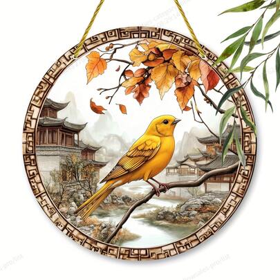 CharmingCanary Bird Suncatcher - Perfect Housewarming Gift, Versatile Indoor/Outdoor Decor For Home, Office & Patio, Elegant Metal Wall Art With Autumn Leaves Design