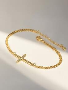 Charm-In 1pc Minimalist Cross Bracelet, Unisex Style, Suitable For Daily Wear Or Gatherings - Yellow Gold - View 4