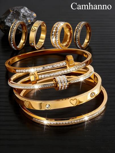 8/7 piezas - Juego de pulsera y anillo de acero inoxidable para aniversario, relleno de circonita y elementos con forma de corazón, transmitiendo amor y calidez a los amantes, adecuado para el uso diario y banquetes festivos