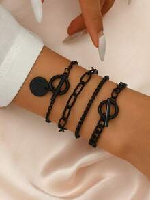 4pcs/Set Punk Metal Style Hollow Chain & Disc Pendant Bracelet (Special Material, Avoid Contact With Water) - Black - View 5