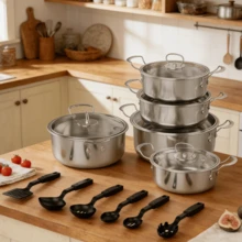 16Pcs/Set Induction Non Stick Stainless Steel Cookware Cooking Pot Pan With Lids - Silver - View 2