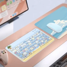 蓝牙键盘鼠标套装，便携式无线键盘（150mAh）鼠标套装，兼容三星平板电脑、苹果iPad（iOS 13及以上版本）、安卓智能手机、Windows系统（夏日海滩色） - 淺藍色 - 查看 3