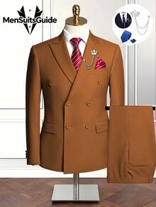 Men's Formal Suits 6 Pieces Tuxedos Set, Men's One Button Jacket Slanted Lapel Vest Pants Suit Set With Tie Brooch Pocket Square For Business Dinner Wedding Party, Suitable For Formal Occasions, Perfect Gift For Business Professionals Spring/Summer/Fall, Formal Attire|Sleek Formal Attire|Nonstretch Fabric - Brown - View 1