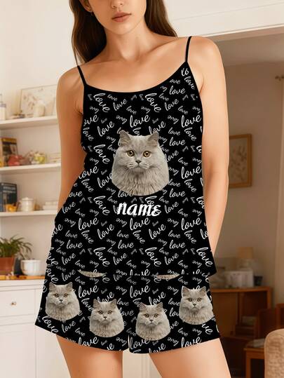 Customizable Women's Pajama Set, Camisole And Shorts Pajama Set, Pet-Friendly, Customizable Pet Pajama Set, Personalized Pet Portrait Short Sleeve Couple Pajama Set, Wedding Attire, Music Festival Pajama Set, Sister/Best Friend Matching Pajama Set, Women's Sleepwear, Couple Gift, Customized Pajama Gift, Fun Gift, Anniversary Gift, Couple Pajamas, Customized Pajama Set, Valentine's Day Pajamas, Holiday Gift, Fashionable & Cute Personalized Gift For Her
