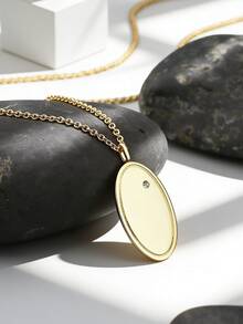 Charm-In Dây chuyền mặt hình oval mạ vàng dành cho nữ, thiết kế trơn bóng điểm xuyết đá Zirconia, chiều dài dây có thể điều chỉnh từ 50-55cm, phong cách tối giản thanh lịch, phù hợp để đeo hàng ngày và phối lớp, món quà lý tưởng cho bạn gái hoặc bạn thân. - Vàng - Xem 1