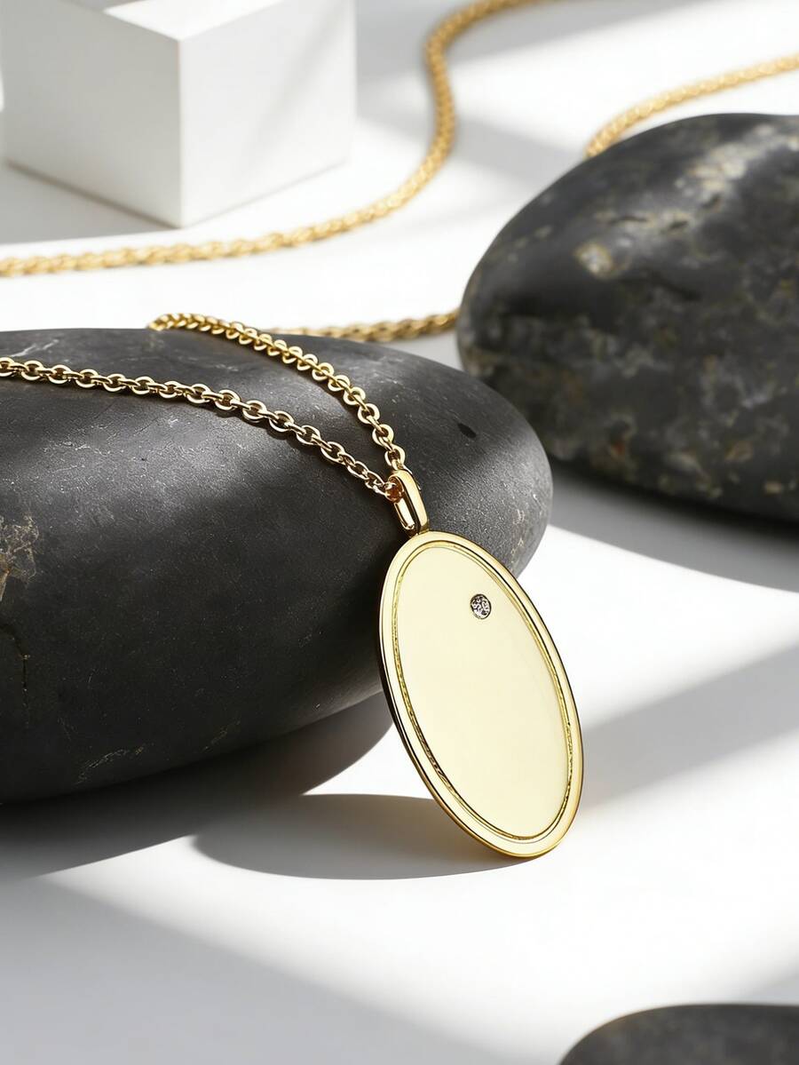 Charm-In Dây chuyền mặt hình oval mạ vàng dành cho nữ, thiết kế trơn bóng điểm xuyết đá Zirconia, chiều dài dây có thể điều chỉnh từ 50-55cm, phong cách tối giản thanh lịch, phù hợp để đeo hàng ngày và phối lớp, món quà lý tưởng cho bạn gái hoặc bạn thân. - Vàng - Xem 1