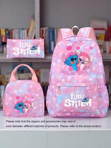 3pcs Stitch Style Nylon Backpack Set, Adjustable Shoulder Strap, Zipper Closure, Laptop Compartment, Including Handbag And Pencil Case, Lightweight Large Capacity, Washable, Suitable For Daily Commute, School, Travel - Multicolor - View 1